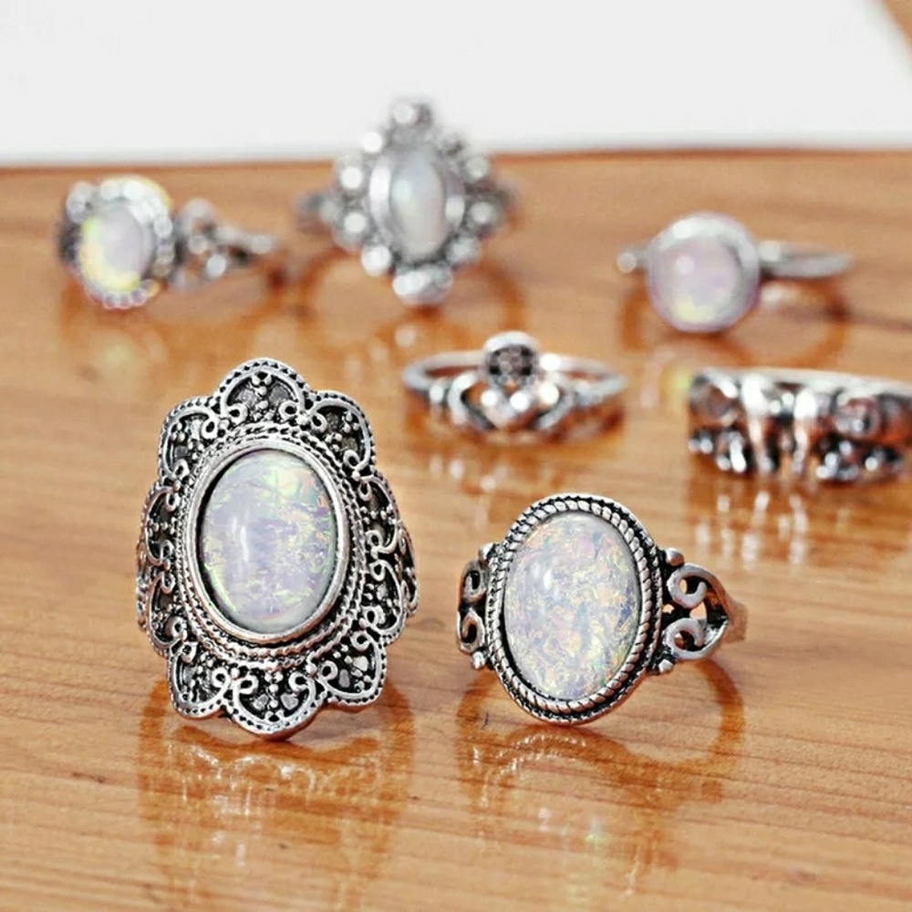 🌴 Gorgeous Bohemian Antique silver 7pcs Ring Set - Picture 4 of 5